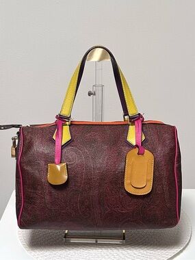 Authentic Etro Boston Satchel Bag Lock Key Tag Multicolor Rare Leather Italy